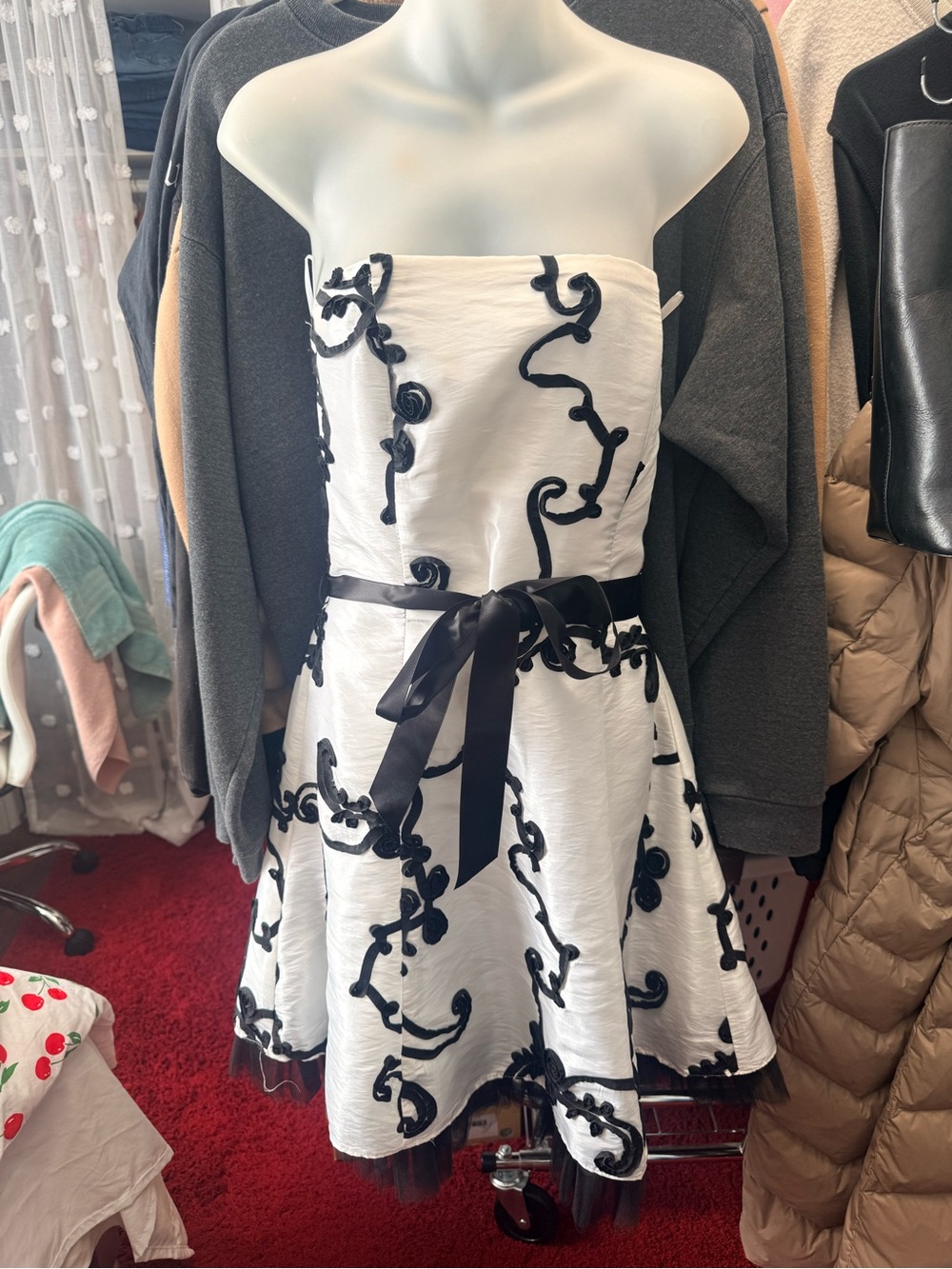 Jessica McClintock Black & White Strapless A-Line Dress with Ribbon Waist